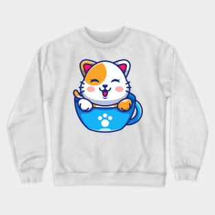 Cute cat on cup coffee cartoon Crewneck Sweatshirt